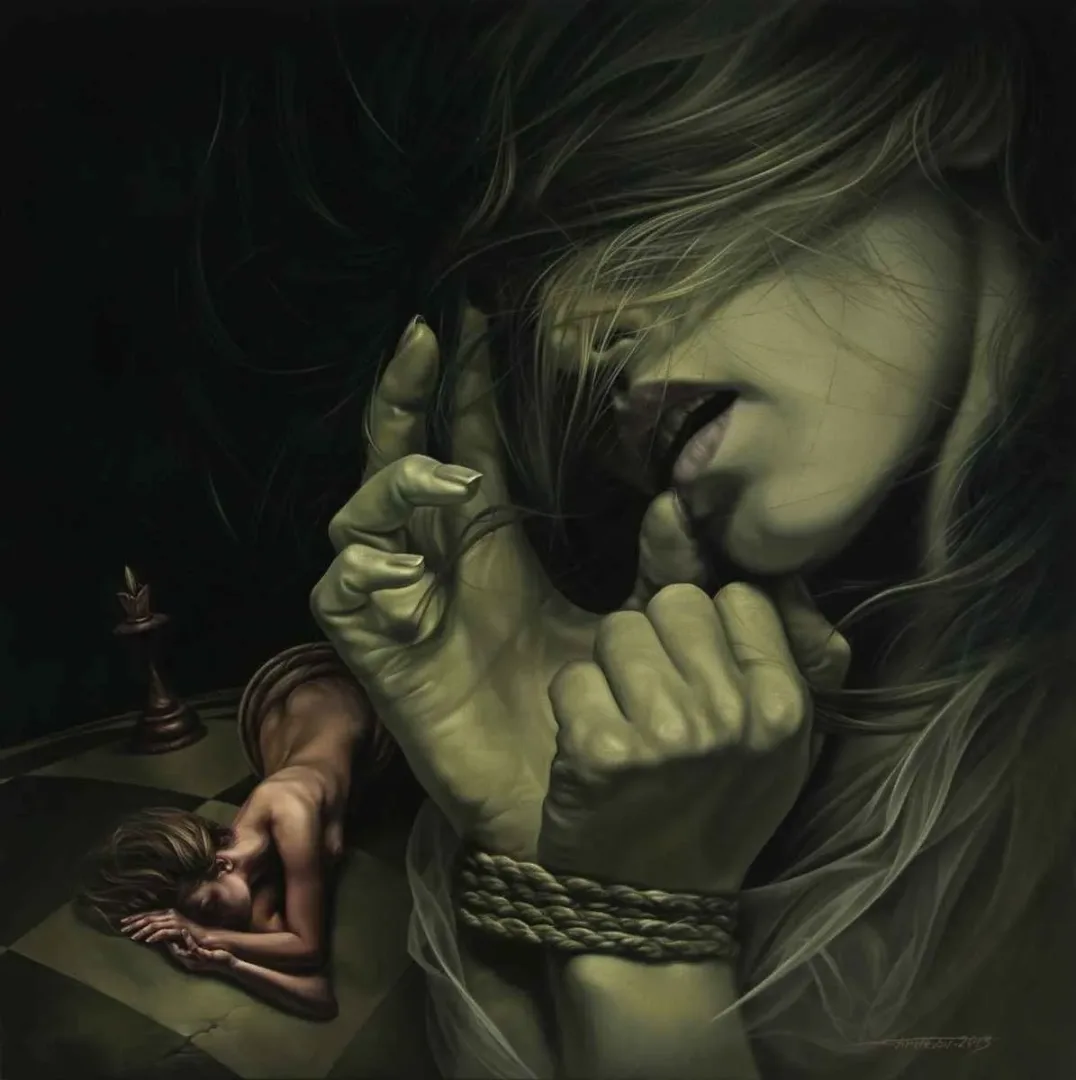 FİRDEVSİ FEYZULLAH — “Tutsak”, 2013 "Tutsak" eseri FİRDEVSİ FEYZULLAH tarafından 2013 yılında 70x140 cm ölçülerinde Tuval üzeri yağlı boya tekniği ile yapılmıştır.