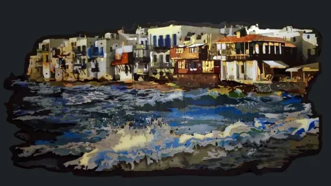 "Mikonos" eseri EMRE LÜLE tarafından 2015 yılında 80x160 cm ölçülerinde Pleksiglas+Ahşap tekniği ile yapılmıştır.