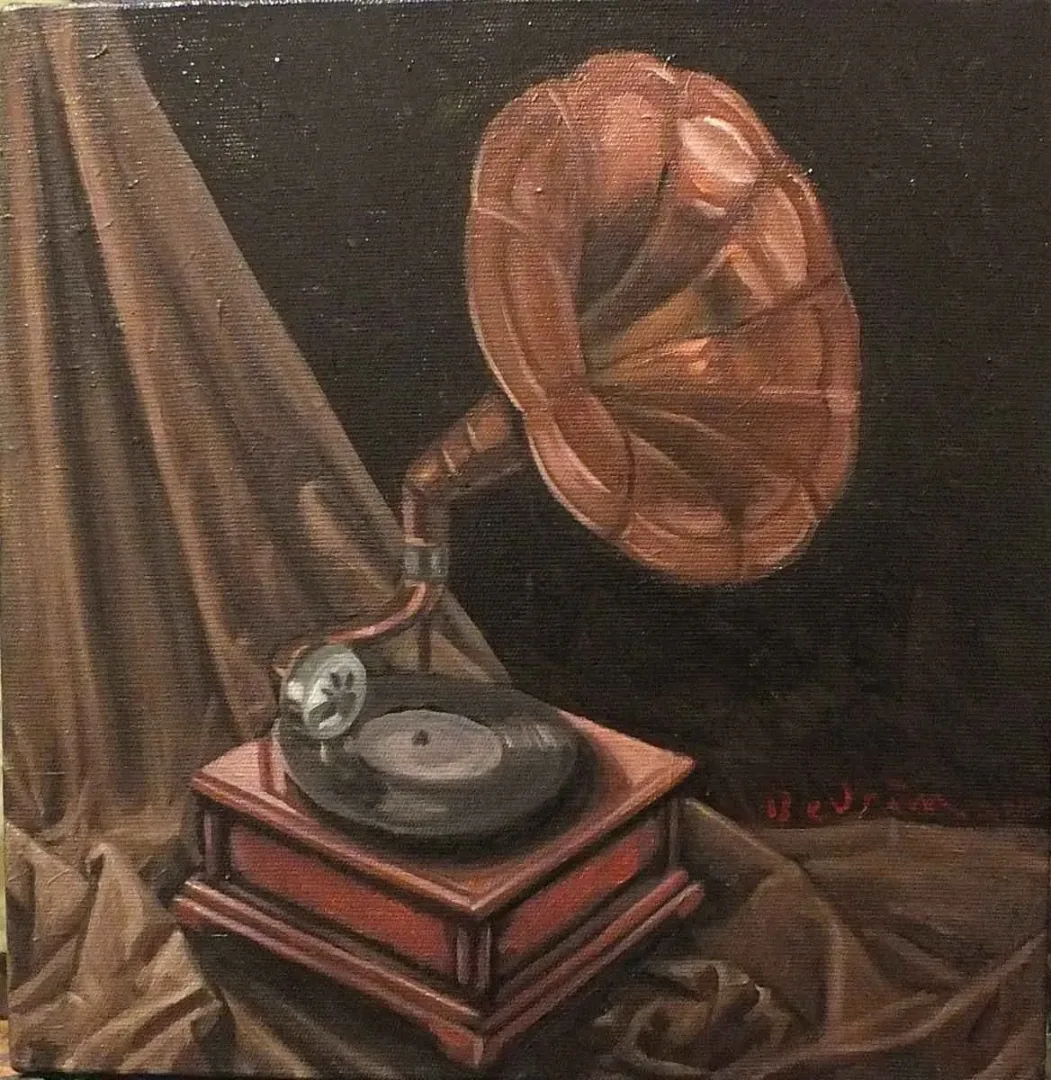 DEVRİM DEMİRAL — “Gramofon”, 2015 "Gramofon" eseri DEVRİM DEMİRAL tarafından 2015 yılında 25x25 cm ölçülerinde Tuval üzeri yağlı boya tekniği ile yapılmıştır.