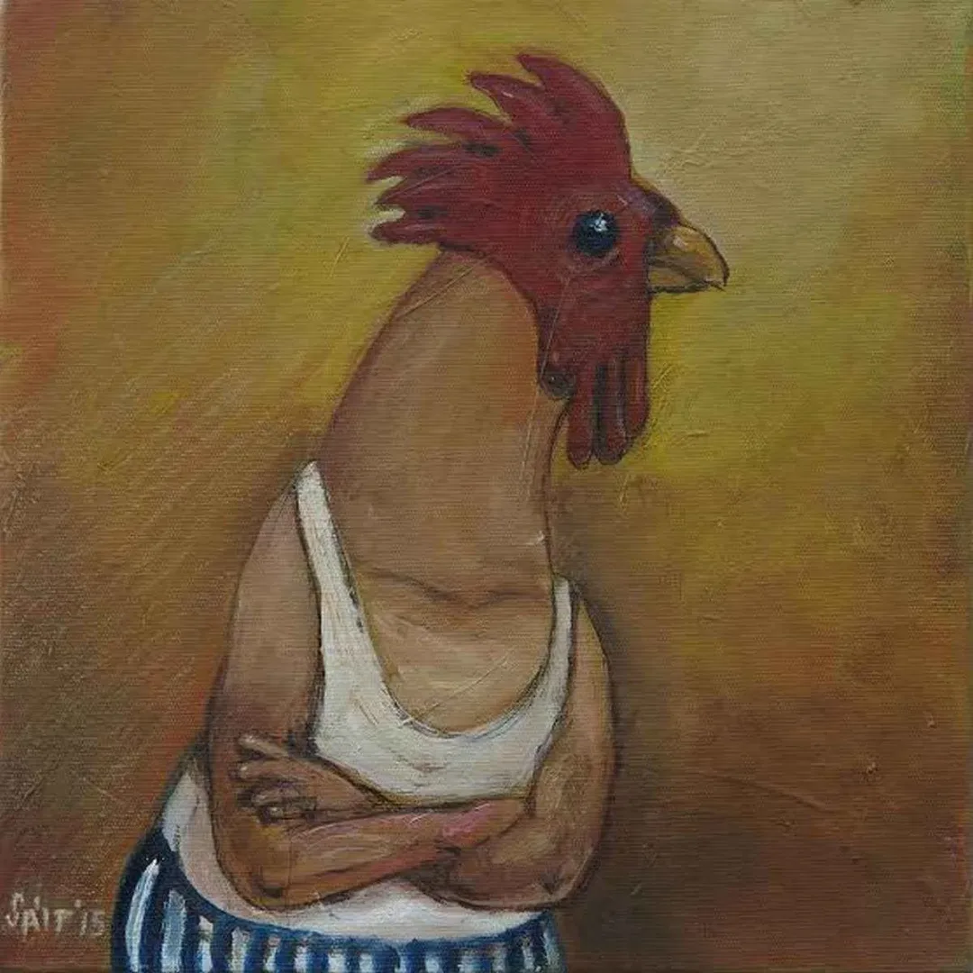 SAİT OKTAY — “atletli horoz”, 2015 "atletli horoz" eseri SAİT OKTAY tarafından 2015 yılında 25x25 cm ölçülerinde Tuval üzeri yağlı boya tekniği ile yapılmıştır.