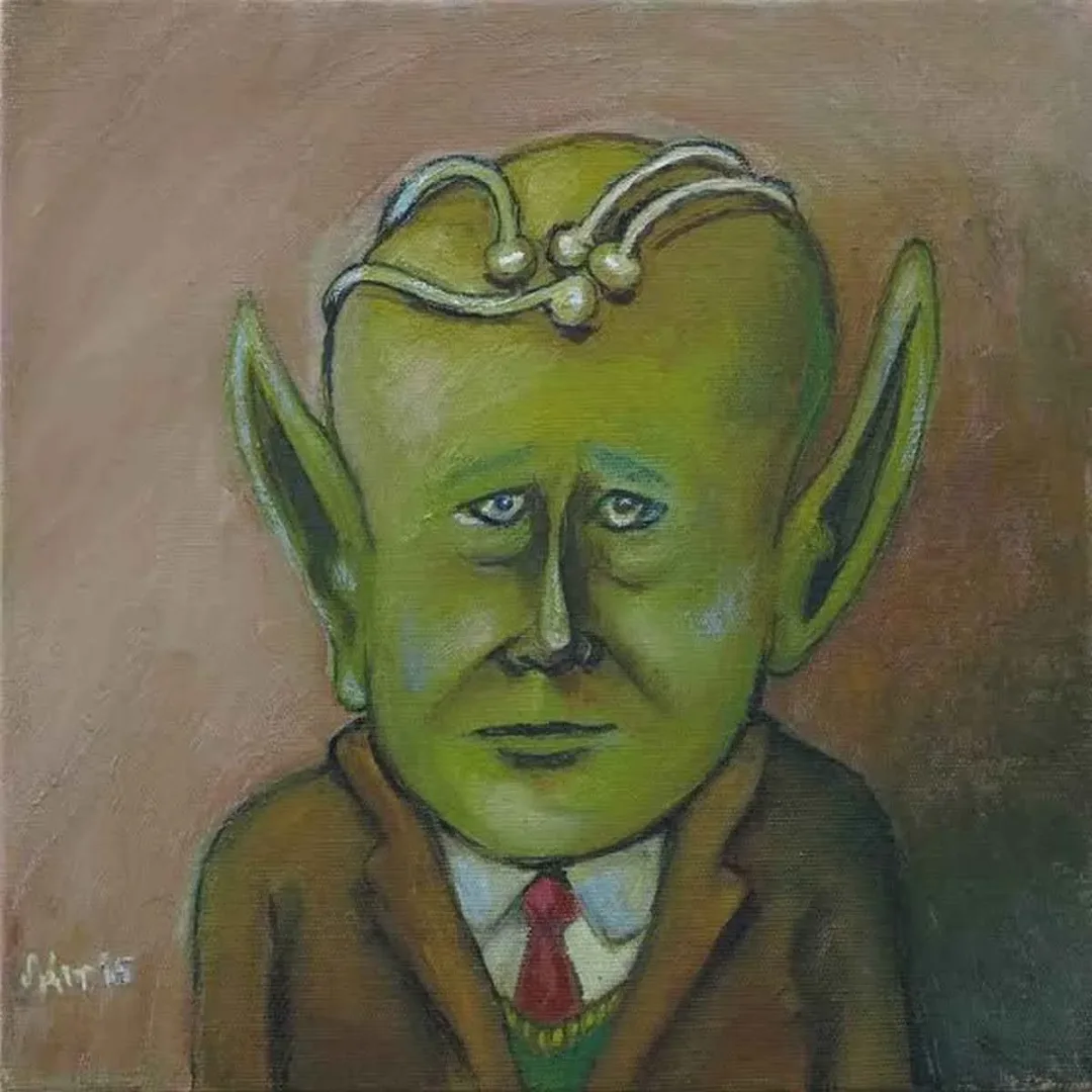 SAİT OKTAY — “tekaütlük beyleyen uzaylı”, 2015 "tekaütlük beyleyen uzaylı" eseri SAİT OKTAY tarafından 2015 yılında 25x25 cm ölçülerinde Tuval üzeri yağlı boya tekniği ile yapılmıştır.