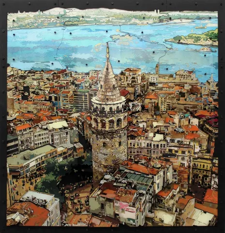 "İstanbul kanatlarımın altında" eseri EMRE LÜLE tarafından 2016 yılında 90x93 cm ölçülerinde Poliplastik tekniği ile yapılmıştır.