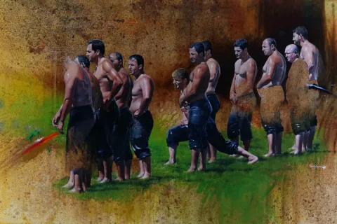 "Pehlivanlar-I" eseri HASAN SAYGIN tarafından 2016 yılında 130x195 cm ölçülerinde Tuval üzeri yağlı boya tekniği ile yapılmıştır.