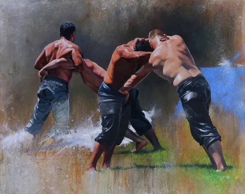 "Pehlivanlar-II" eseri HASAN SAYGIN tarafından 2016 yılında 130x162 cm ölçülerinde Tuval üzeri yağlı boya tekniği ile yapılmıştır.