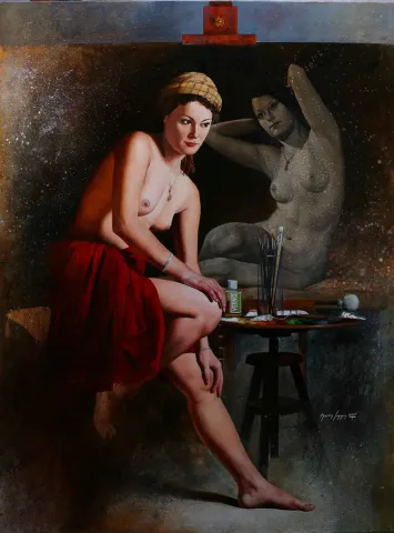 "Atelyede Model-2" eseri HASAN SAYGIN tarafından 2015 yılında 130x97 cm ölçülerinde Tuval üzeri yağlı boya tekniği ile yapılmıştır.