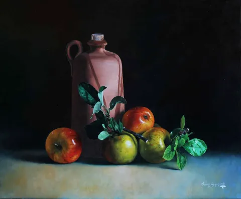 "Elmalar" eseri HASAN SAYGIN tarafından 2014 yılında 61x50 cm ölçülerinde Tuval üzeri yağlı boya tekniği ile yapılmıştır.