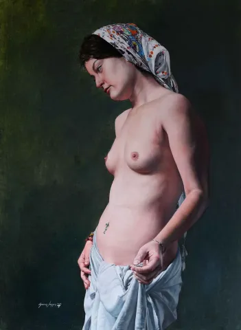 "Eşarplı Genç Kız" eseri HASAN SAYGIN tarafından 2016 yılında 100x73 cm ölçülerinde Tuval üzeri yağlı boya tekniği ile yapılmıştır.