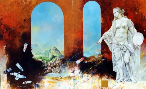 "Antik ve Modern( Dyptique)" eseri HASAN SAYGIN tarafından 2000 yılında 162x100 cm ölçülerinde Tuval üzeri yağlı boya tekniği ile yapılmıştır.