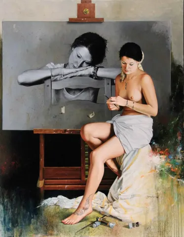 "Atelyede Model-1" eseri HASAN SAYGIN tarafından 2013 yılında 146x114 cm ölçülerinde Tuval üzeri yağlı boya tekniği ile yapılmıştır.