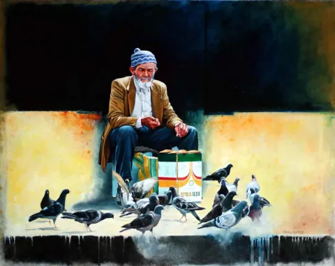 "Güvercinler-2" eseri HASAN SAYGIN tarafından 1997 yılında 92x73 cm ölçülerinde Tuval üzeri yağlı boya tekniği ile yapılmıştır.