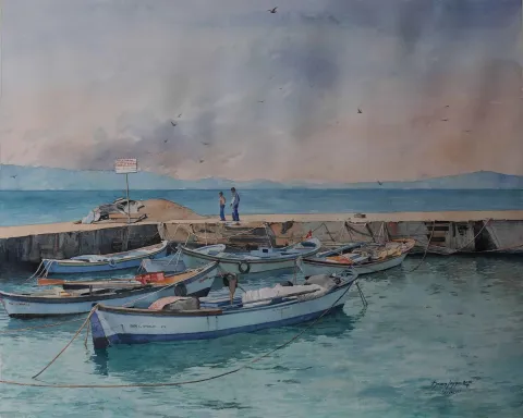 "Ayvalık" eseri HASAN SAYGIN tarafından 2016 yılında 81x65 cm ölçülerinde Kağıt üzeri sulu boya tekniği ile yapılmıştır.