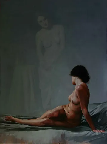 "Perde Arkası" eseri HASAN SAYGIN tarafından 2012 yılında 130x97 cm ölçülerinde Tuval üzeri yağlı boya tekniği ile yapılmıştır.
