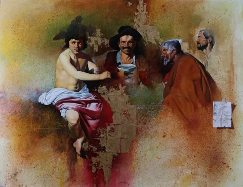 "Velasqueze saygı" eseri HASAN SAYGIN tarafından 2002 yılında 146x114 cm ölçülerinde Tuval üzeri yağlı boya tekniği ile yapılmıştır.