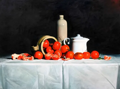 "Dökülen Mandalinalar" eseri HASAN SAYGIN tarafından 2010 yılında 73x54 cm ölçülerinde Tuval üzeri yağlı boya tekniği ile yapılmıştır.