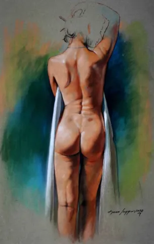 "Marjorie-1" eseri HASAN SAYGIN tarafından 2010 yılında 60x38 cm ölçülerinde Kağıt üzeri pastel boya tekniği ile yapılmıştır.
