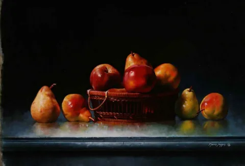 "Meyveler" eseri HASAN SAYGIN tarafından 2008 yılında 65x54 cm ölçülerinde Tuval üzeri yağlı boya tekniği ile yapılmıştır.