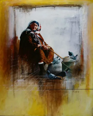 "Güvercinler-1" eseri HASAN SAYGIN tarafından 2008 yılında 100x81 cm ölçülerinde Tuval üzeri yağlı boya tekniği ile yapılmıştır.