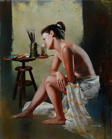 "Paletli Model" eseri HASAN SAYGIN tarafından 2012 yılında 100x81 cm ölçülerinde Tuval üzeri yağlı boya tekniği ile yapılmıştır.