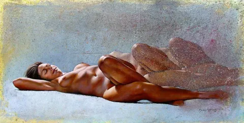 "Yatan Sarah" eseri HASAN SAYGIN tarafından 2005 yılında 80x40 cm ölçülerinde Tuval üzeri yağlı boya tekniği ile yapılmıştır.