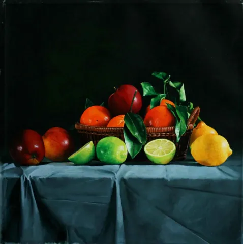 "Sepette Meyveler" eseri HASAN SAYGIN tarafından 2011 yılında 50x50 cm ölçülerinde Tuval üzeri yağlı boya tekniği ile yapılmıştır.