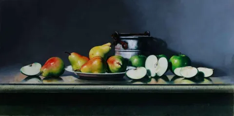 "Meyveler-2" eseri HASAN SAYGIN tarafından 2008 yılında 80x40 cm ölçülerinde Tuval üzeri yağlı boya tekniği ile yapılmıştır.