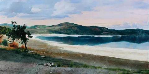 "Salda Gölü" eseri HASAN SAYGIN tarafından 2009 yılında 120x60 cm ölçülerinde Tuval üzeri yağlı boya tekniği ile yapılmıştır.