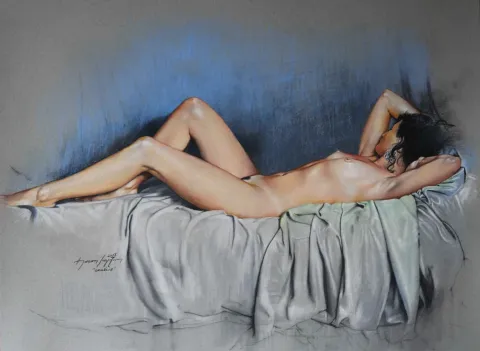 "Ophelie-1" eseri HASAN SAYGIN tarafından 2013 yılında 65x45 cm ölçülerinde Kağıt üzeri pastel boya tekniği ile yapılmıştır.