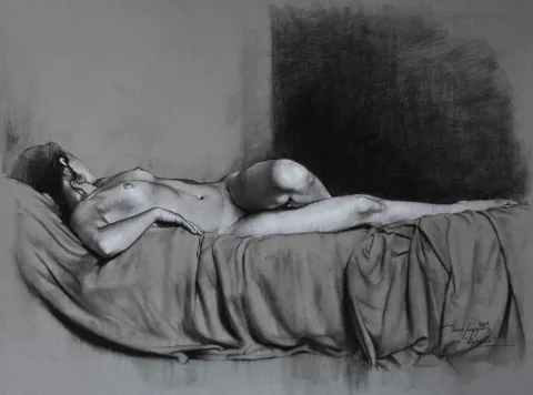 "Ophelie-2" eseri HASAN SAYGIN tarafından 2013 yılında 65x50 cm ölçülerinde Desen tekniği ile yapılmıştır.