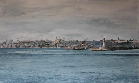 "İstanbul" eseri HASAN SAYGIN tarafından 74x46 cm ölçülerinde Kağıt üzeri sulu boya tekniği ile yapılmıştır.