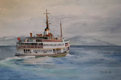 "Vapur-Barış Manço" eseri HASAN SAYGIN tarafından 2014 yılında 73x53 cm ölçülerinde Kağıt üzeri sulu boya tekniği ile yapılmıştır.