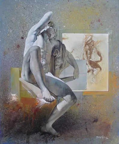 "Dinlenen Adam" eseri HASAN SAYGIN tarafından 2005 yılında 73x60 cm ölçülerinde Tuval üzeri yağlı boya tekniği ile yapılmıştır.