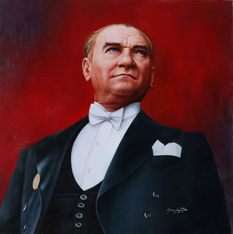 "Atatürk" eseri HASAN SAYGIN tarafından 2016 yılında 80x80 cm ölçülerinde Tuval üzeri yağlı boya tekniği ile yapılmıştır.