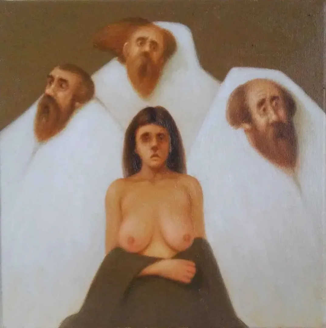 ÖMER EKEN — “Kutsal üçlü ve günahkar beden”, 2016 "Kutsal üçlü ve günahkar beden" eseri ÖMER EKEN tarafından 2016 yılında 25x25 cm ölçülerinde Tuval üzeri yağlı boya tekniği ile yapılmıştır.