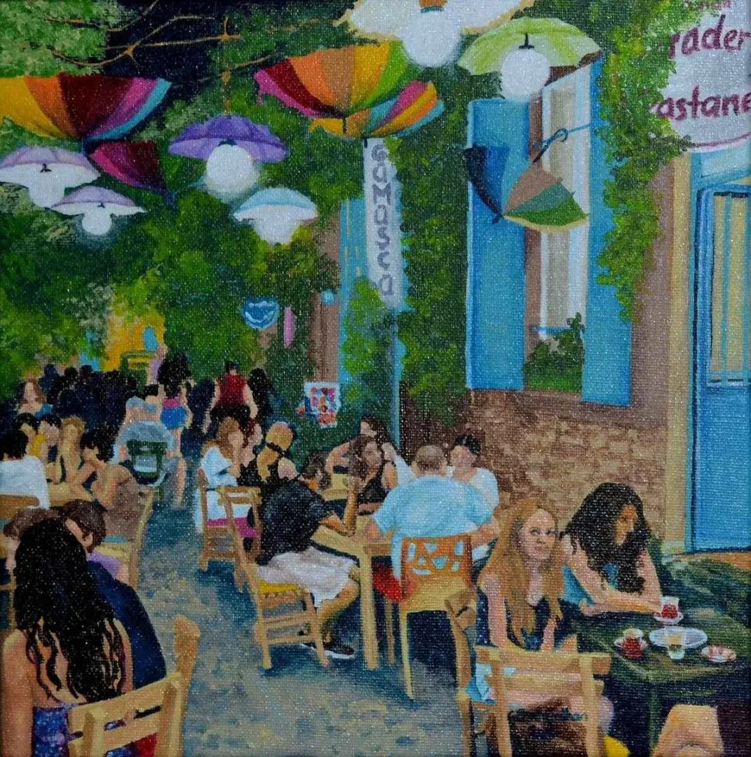 GÜLŞAH ÇALHAN — “Mekan”, 2016 "Mekan" eseri GÜLŞAH ÇALHAN tarafından 2016 yılında 25x25 cm ölçülerinde Tuval üzeri yağlı boya tekniği ile yapılmıştır.