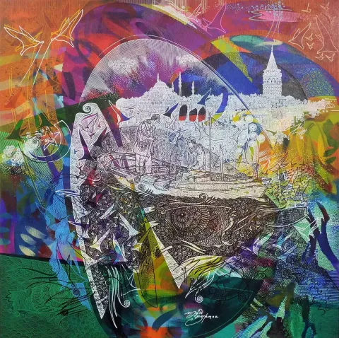 "İstanbula bakış" eseri ENGİN KORKMAZ tarafından 2017 yılında 70x70 cm ölçülerinde Tuvale üzeri akrilik boya boya tekniği ile yapılmıştır.