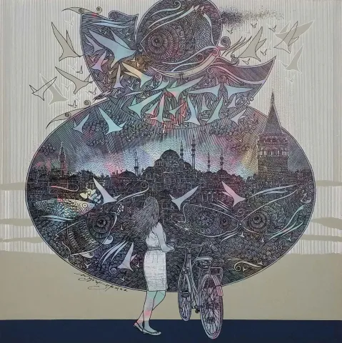 "İstanbula bakış" eseri ENGİN KORKMAZ tarafından 2017 yılında 70x70 cm ölçülerinde Tuvale üzeri akrilik boya boya tekniği ile yapılmıştır.