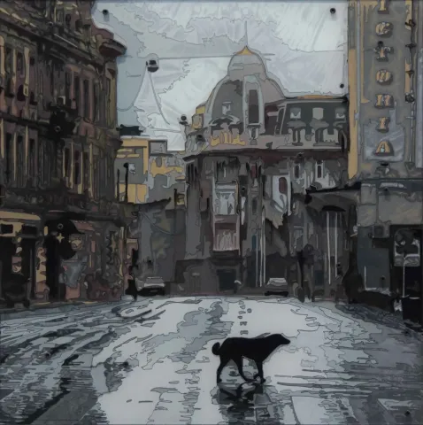"Köpek Gibi Yalnız" eseri EMRE LÜLE tarafından 2017 yılında 50x50 cm ölçülerinde Poliplastik tekniği ile yapılmıştır.