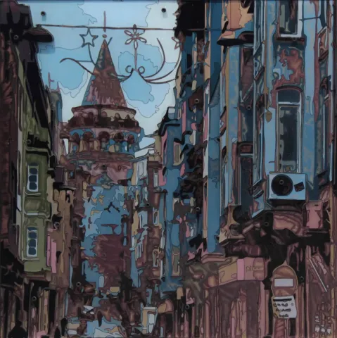 "Galata Trio" eseri EMRE LÜLE tarafından 2017 yılında 50x50 cm ölçülerinde Poliplastik tekniği ile yapılmıştır.