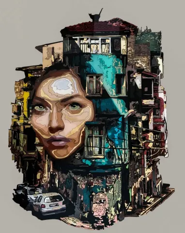 "Spirit Of Balat" eseri EMRE LÜLE tarafından 2017 yılında 100x80 cm ölçülerinde Poliplastik tekniği ile yapılmıştır.