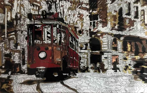 "410" eseri EMRE LÜLE tarafından 2017 yılında 21x46 cm ölçülerinde Poliplastik tekniği ile yapılmıştır.