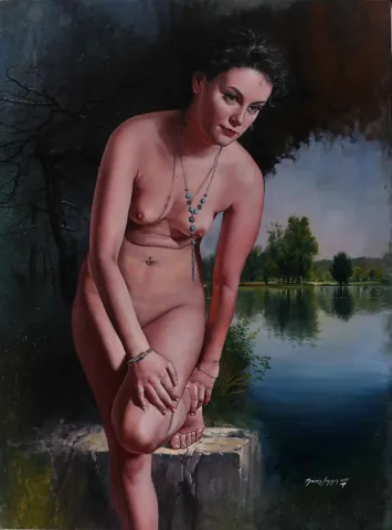 "Baigneuse" eseri HASAN SAYGIN tarafından 2017 yılında 81x60 cm ölçülerinde Tuval üzeri yağlı boya tekniği ile yapılmıştır.