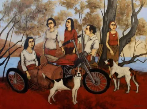 "Esaslı Sohbet" eseri ORHAN UMUT tarafından 2017 yılında 90x120 cm ölçülerinde Tuvale üzeri akrilik boya tekniği ile yapılmıştır.