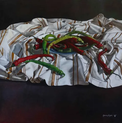 "Biberler" eseri HASAN SAYGIN tarafından 2017 yılında 70x70 cm ölçülerinde Tuval üzeri yağlı boya tekniği ile yapılmıştır.