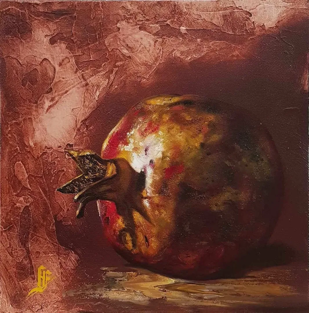 HÜSEYİN FEYZULLAH — “Narlı Natürmort”, 2017 "Narlı Natürmort" eseri HÜSEYİN FEYZULLAH tarafından 2017 yılında 25x25 cm ölçülerinde Tuval üzeri yağlı boya tekniği ile yapılmıştır.