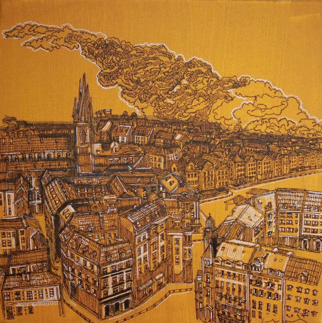 SÜMEYYE YUŞAN — “Kopenhag”, 2017 "Kopenhag" eseri SÜMEYYE YUŞAN tarafından 2017 yılında 25x25 cm ölçülerinde Tuval üzeri karışık teknik tekniği ile yapılmıştır.