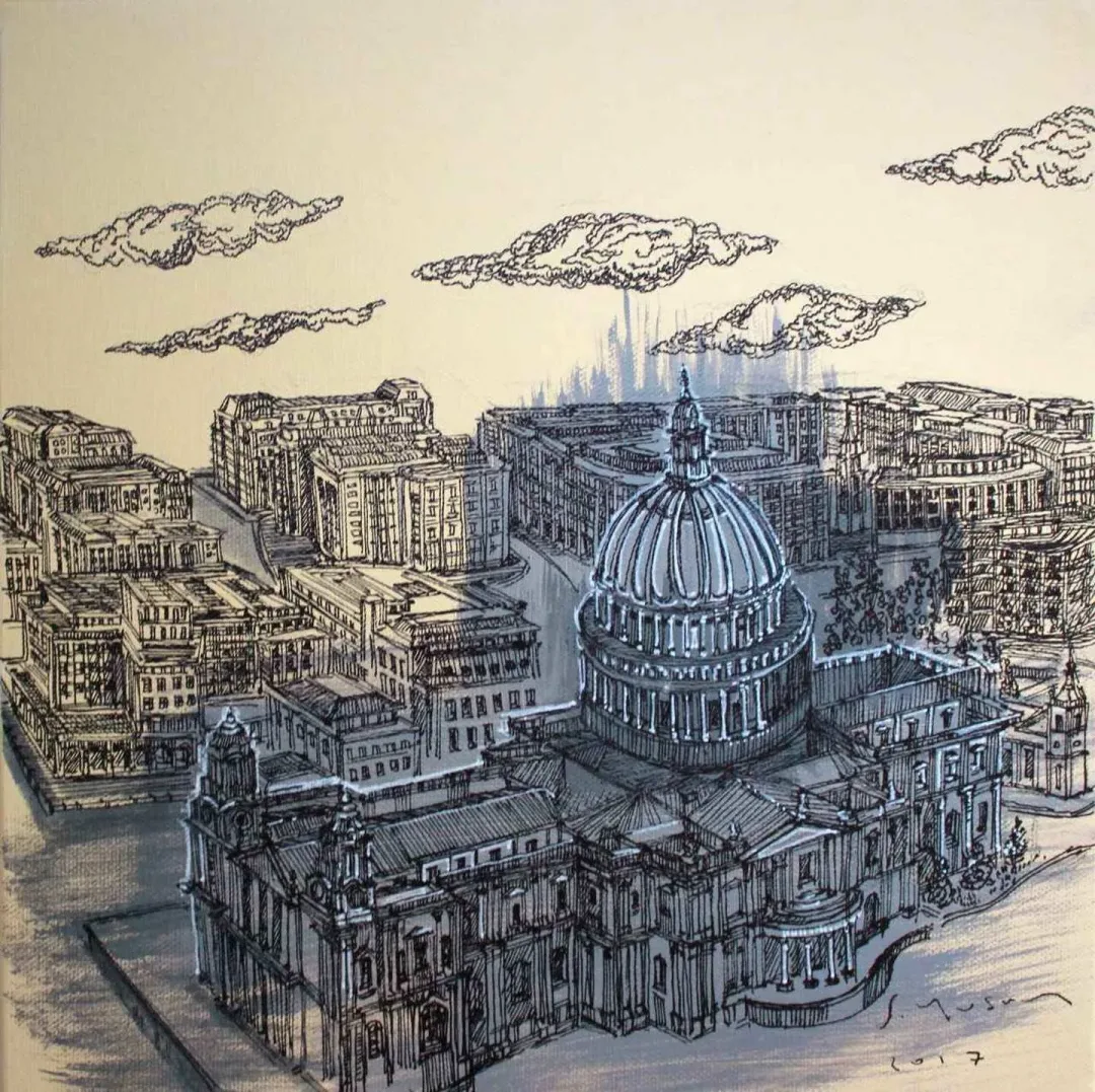 SÜMEYYE YUŞAN — “St. Paul s”, 2017 "St. Paul s" eseri SÜMEYYE YUŞAN tarafından 2017 yılında 25x25 cm ölçülerinde Tuval üzeri karışık teknik tekniği ile yapılmıştır.