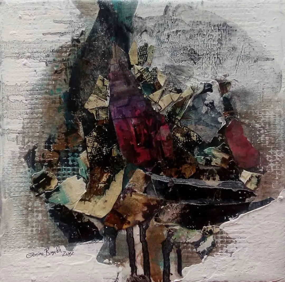 EMİNE BIYIKLI — “Boşluğun Sığınakları”, 2017 "Boşluğun Sığınakları" eseri EMİNE BIYIKLI tarafından 2017 yılında 25x25 cm ölçülerinde Tuval üzeri karışık teknik tekniği ile yapılmıştır.