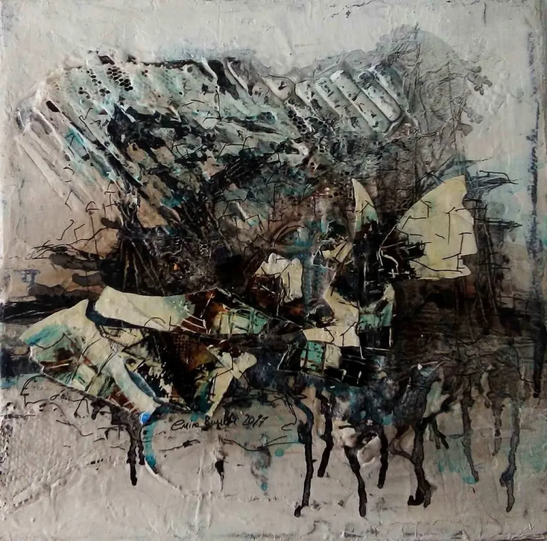 EMİNE BIYIKLI — “Boşluğun Sığınakları”, 2017 "Boşluğun Sığınakları" eseri EMİNE BIYIKLI tarafından 2017 yılında 25x25 cm ölçülerinde Tuval üzeri karışık teknik tekniği ile yapılmıştır.