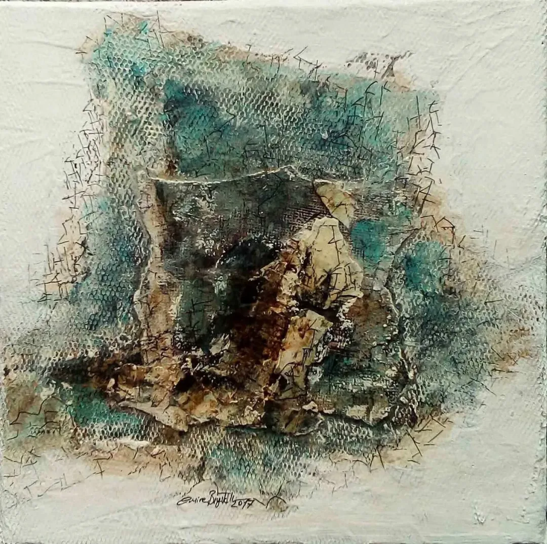 EMİNE BIYIKLI — “Boşluğun Sığınakları”, 2017 "Boşluğun Sığınakları" eseri EMİNE BIYIKLI tarafından 2017 yılında 25x25 cm ölçülerinde Tuval üzeri karışık teknik tekniği ile yapılmıştır.