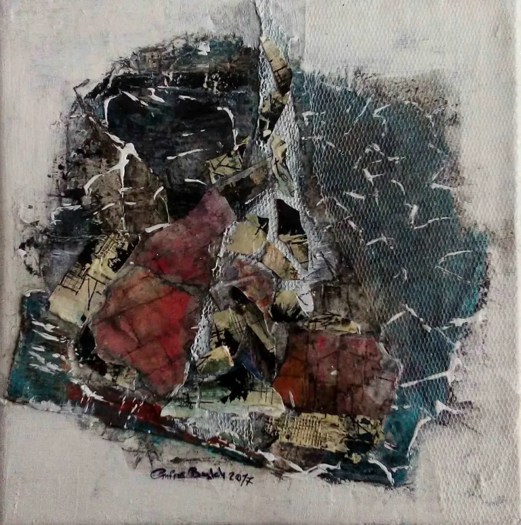 EMİNE BIYIKLI — “Boşluğun Sığınakları”, 2017 "Boşluğun Sığınakları" eseri EMİNE BIYIKLI tarafından 2017 yılında 25x25 cm ölçülerinde Tuval üzeri karışık teknik tekniği ile yapılmıştır.